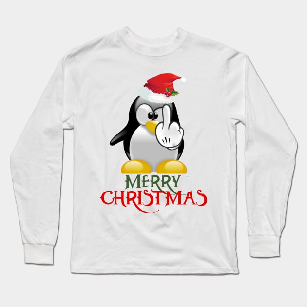 Merry Christmas Irreverent Angry Penguin Long Sleeve T-Shirt by Closeddoor